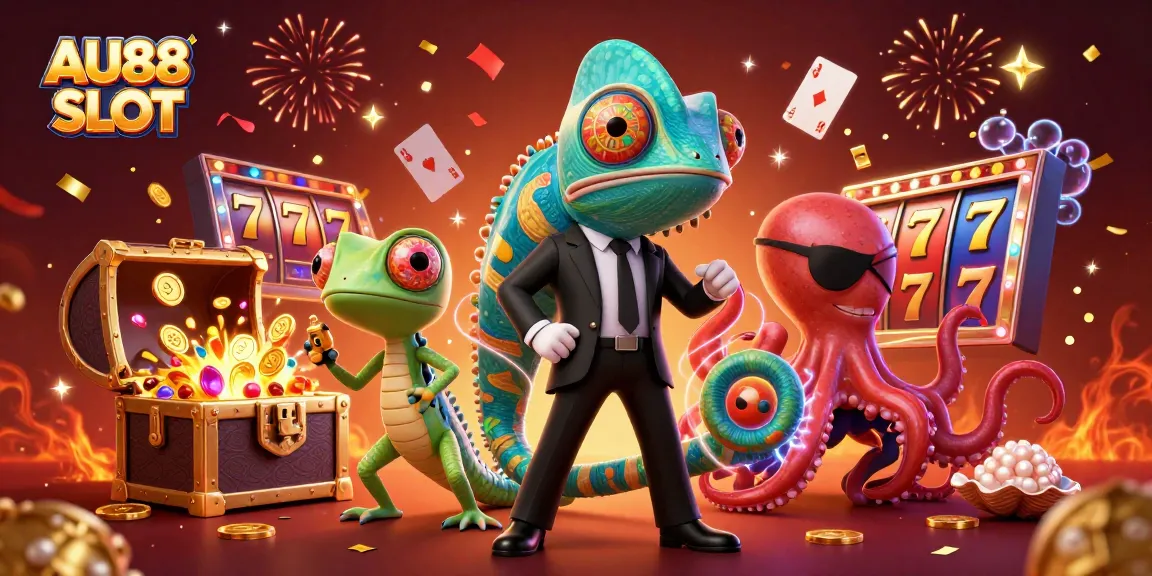 Engage in exciting gameplay with AU88 SLOT featuring colorful slot reels, lucky 7s, and a vibrant underwater scene.