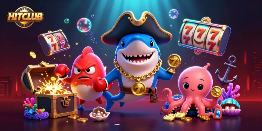 Experience thrilling gameplay with HITCLUB, featuring dynamic slot reels and vibrant underwater characters.