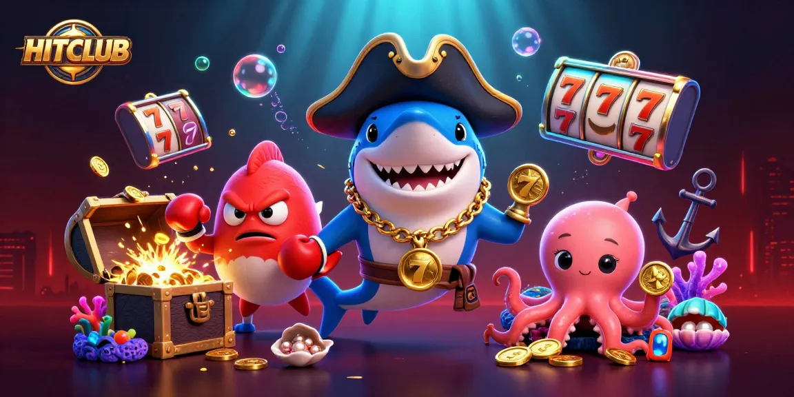 Experience thrilling gameplay with HITCLUB, featuring dynamic slot reels and vibrant underwater characters.