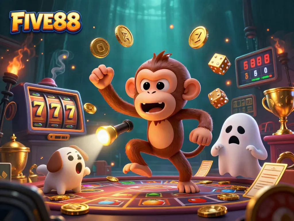 Watch FIVE88’s mischievous monkey juggling golden casino treasures amid exciting gaming action.
