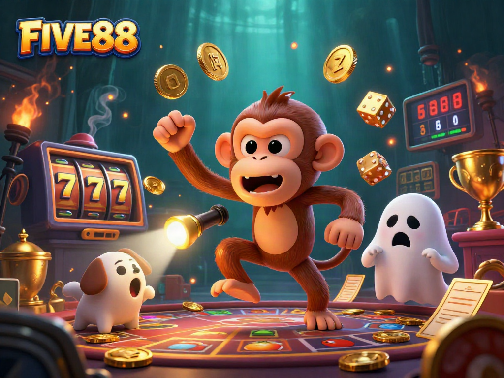 Watch FIVE88’s mischievous monkey juggling golden casino treasures amid exciting gaming action.