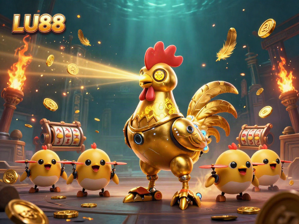 Experience LU88’s thrilling betting action with a golden rooster robot and vibrant casino elements.