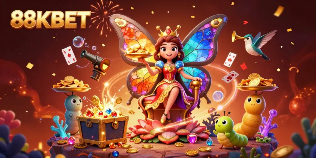 Experience the vibrant excitement of 88KBET with a 3D butterfly queen, festive atmosphere, and casino elements.