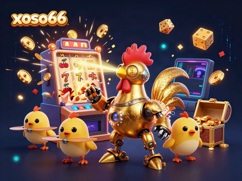 Engage in thrilling gaming action with xoso66's vibrant golden rooster and dynamic casino elements.