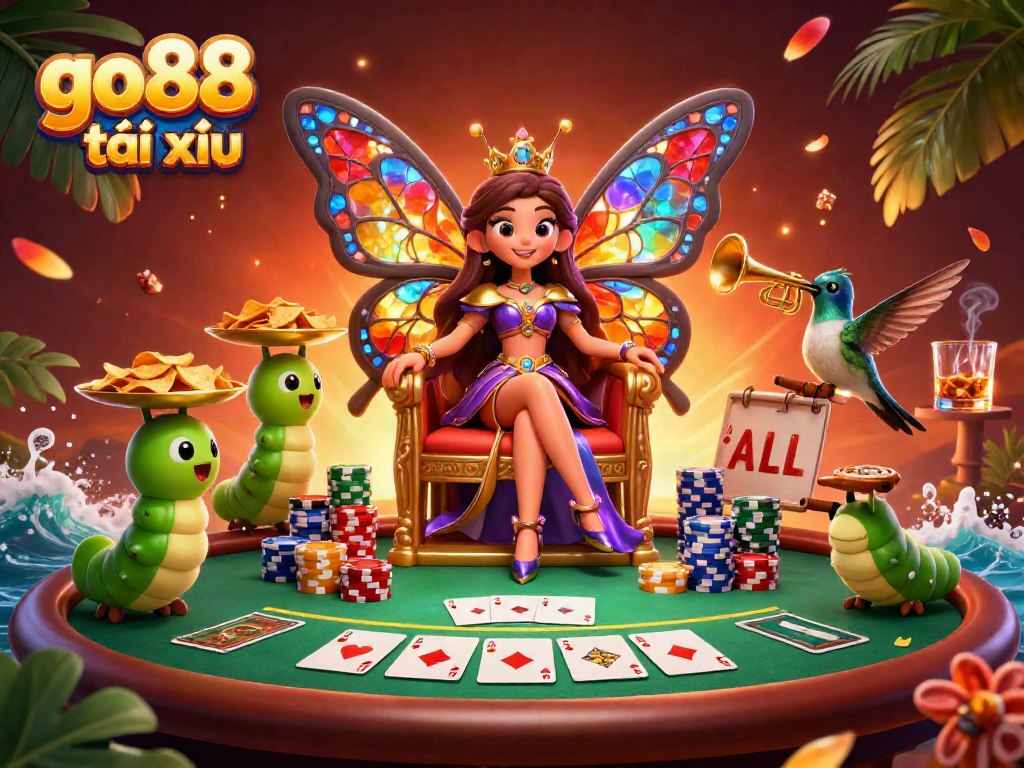 Play Tài Xỉu at Go88, featuring an extravagant casino scene with beautiful characters and vibrant colors.