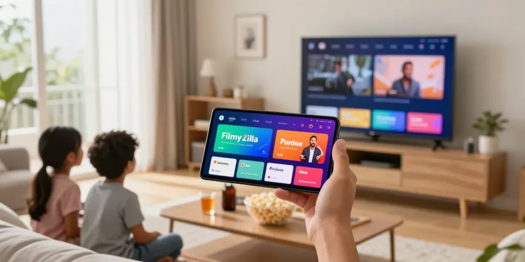 Engaging family scene enjoying FilmyZilla APK on an Android device in a cozy living room.