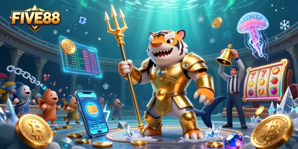 Engage with FIVE88 at a vibrant underwater casino scene filled with slot and crypto gaming elements.