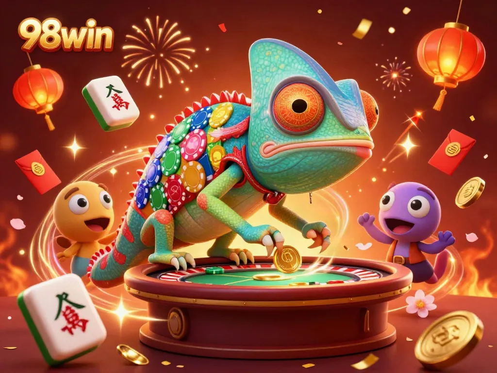 Engage with the colorful casino world of 98win, showcasing a vibrant chameleon owner amidst festive game elements.