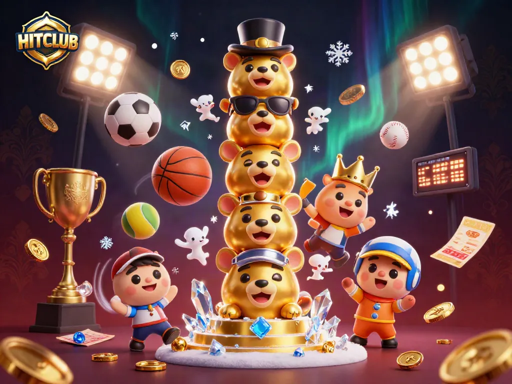 Interact with HITCLUB's vibrant 3D cartoon illustration showcasing dynamic sports betting elements and casino themes.