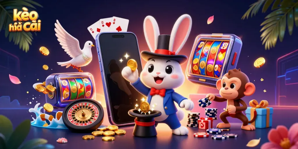 Experience kèo nhà cái through a lively 3D casino illustration of characters and dynamic game elements.