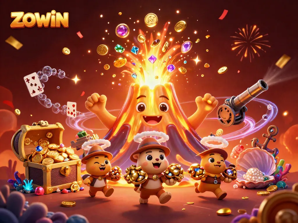 ZOWIN showcases a thrilling scene of gambling excitement with colorful treasure elements and playful characters.