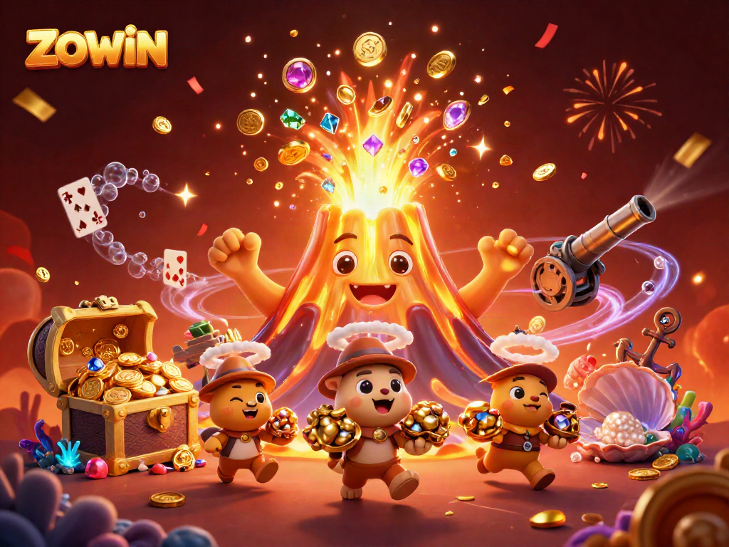 ZOWIN showcases a thrilling scene of gambling excitement with colorful treasure elements and playful characters.