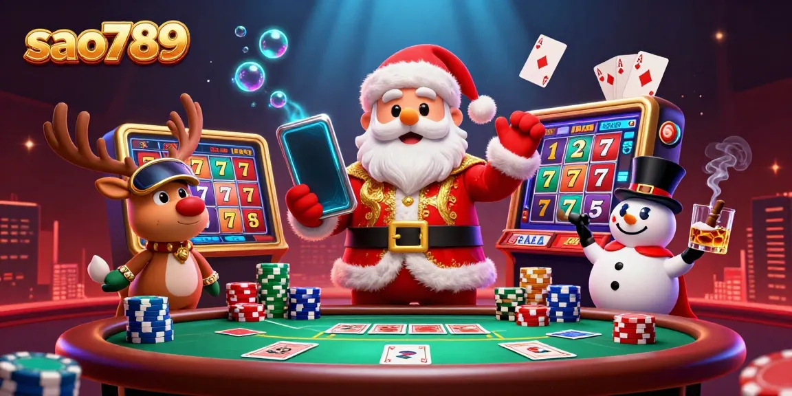 Sao789 presents a vibrant casino scene with Santa, a reindeer dealer, and a poker chip snowman playing slots.