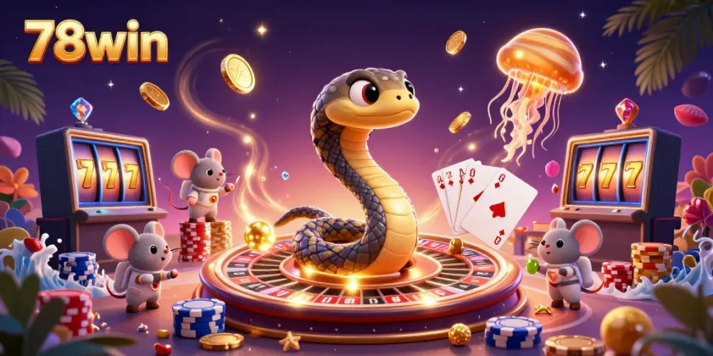 Bet on 78win with vibrant 3D casino characters and sparkling game elements.
