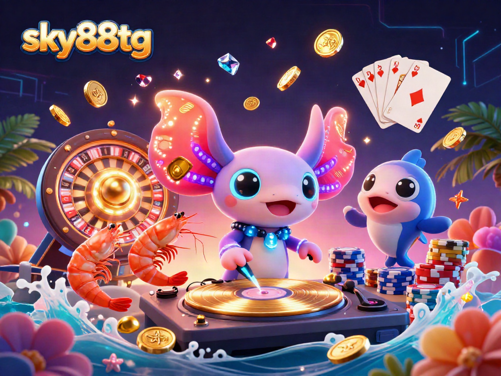 Engage in fun with sky88tg, featuring a vibrant 3D axolotl DJ and dazzling casino elements.
