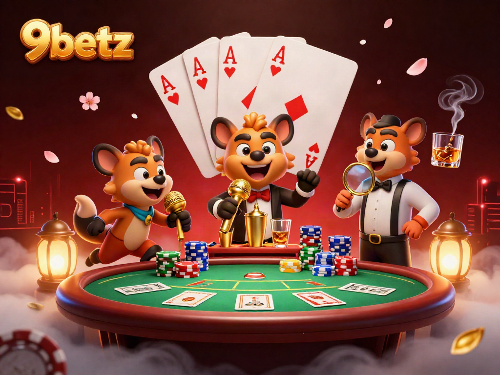 Hyenas in a vibrant casino setting with 9betz branding, displaying lively entertainment and gaming activities.