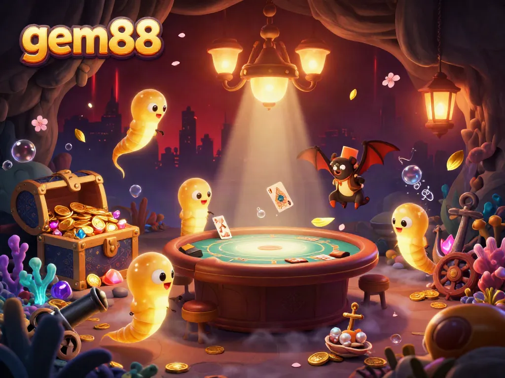 Experience a mesmerizing cave casino scene with gem88 glowworms illuminating treasures and games.