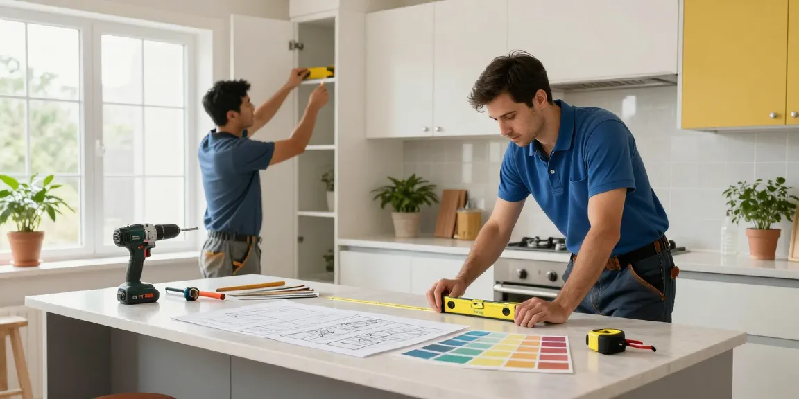 General contractor toronto team collaborating on kitchen renovation project in bright, modern home setting.