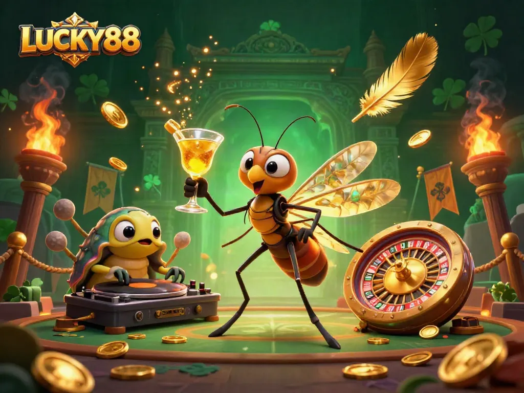 Spin to win big with LUCKY88 in this vibrant casino scene featuring unique characters.