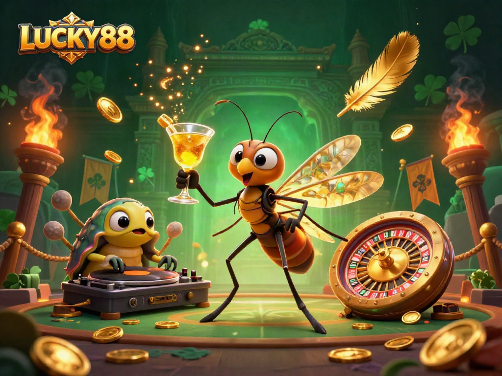 Spin to win big with LUCKY88 in this vibrant casino scene featuring unique characters.
