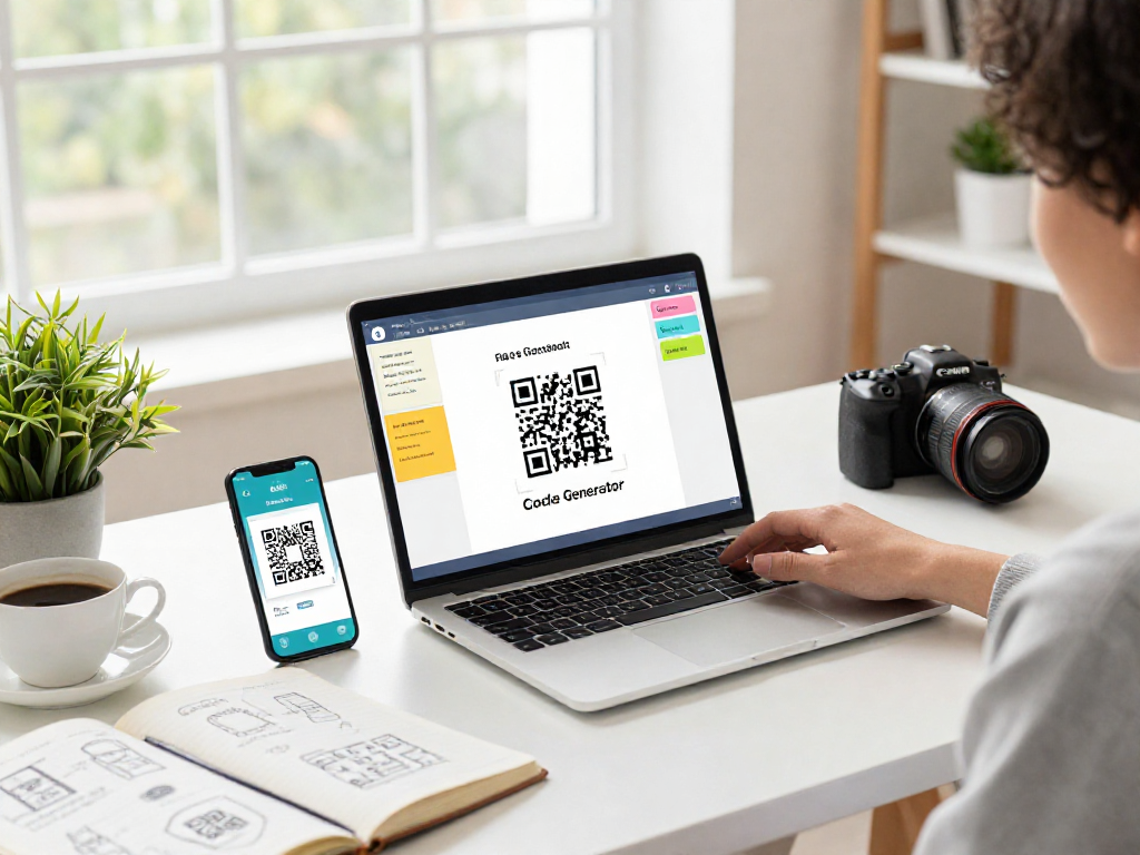 Engaging scene of a user utilizing a QR Code Generator on a laptop with smartphone and notes, showcasing innovative productivity.