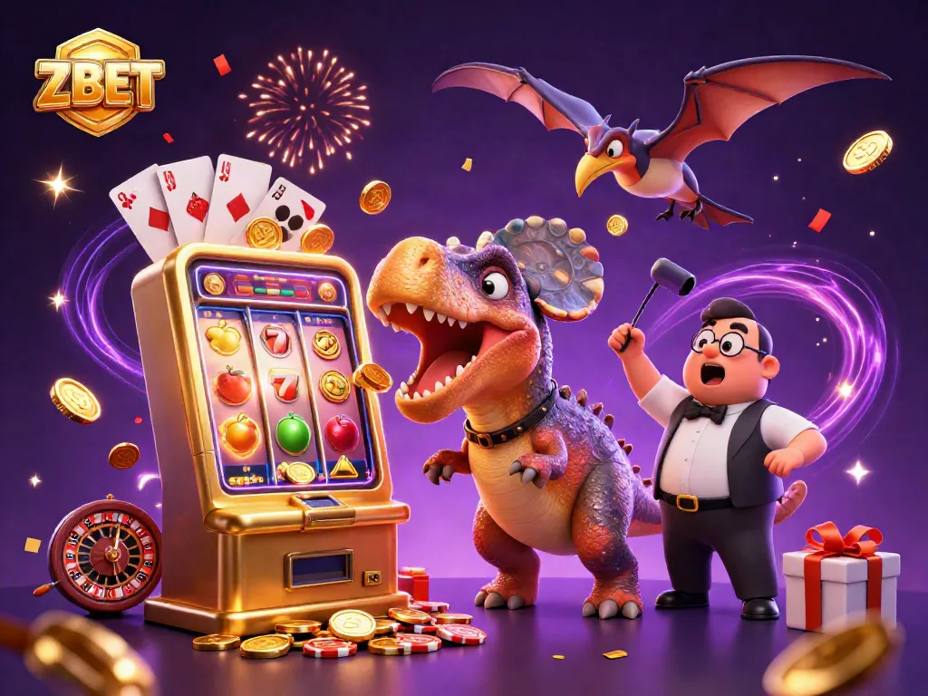 ZBET showcases a 3D dinosaur-themed casino scene with jackpots and colorful slots, captivating players.