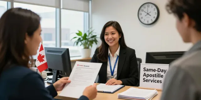 Apostille service staff assisting a customer with important documents in a Toronto office.