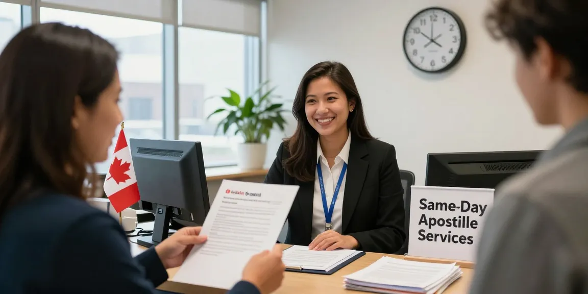 Apostille service staff assisting a customer with important documents in a Toronto office.