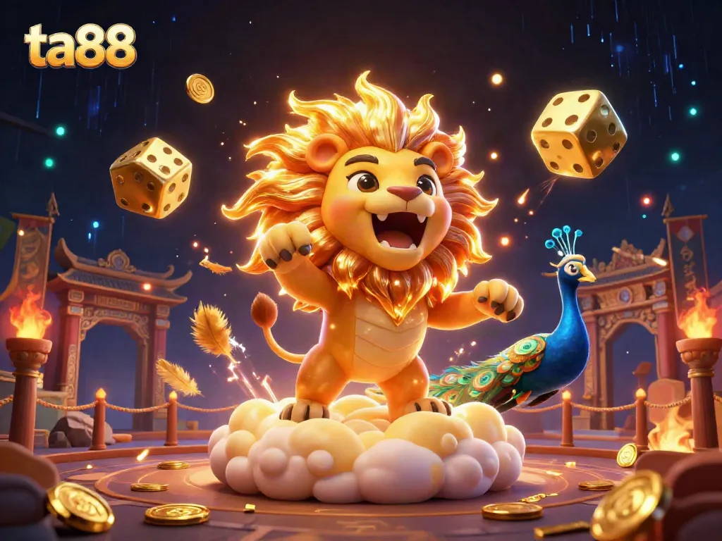 Experience thrilling gaming action at ta88 with a vibrant 3D world of golden dice and a roaring lion.