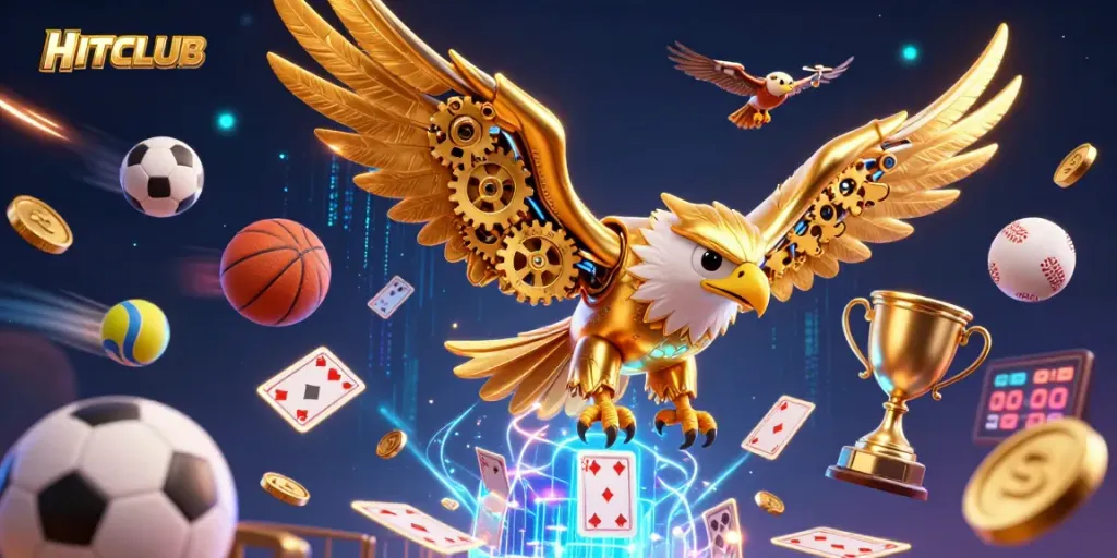Experience HITCLUB excitement with a dynamic 3D illustration showcasing sports-themed casino action.