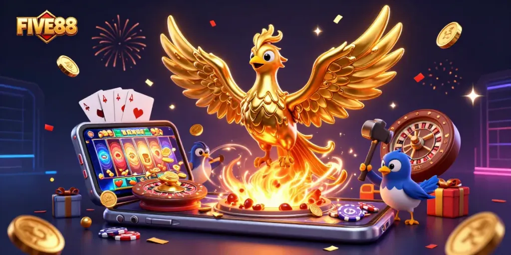 Engage with FIVE88 in this vibrant 3D casino scene featuring gold coins and dynamic gaming elements.