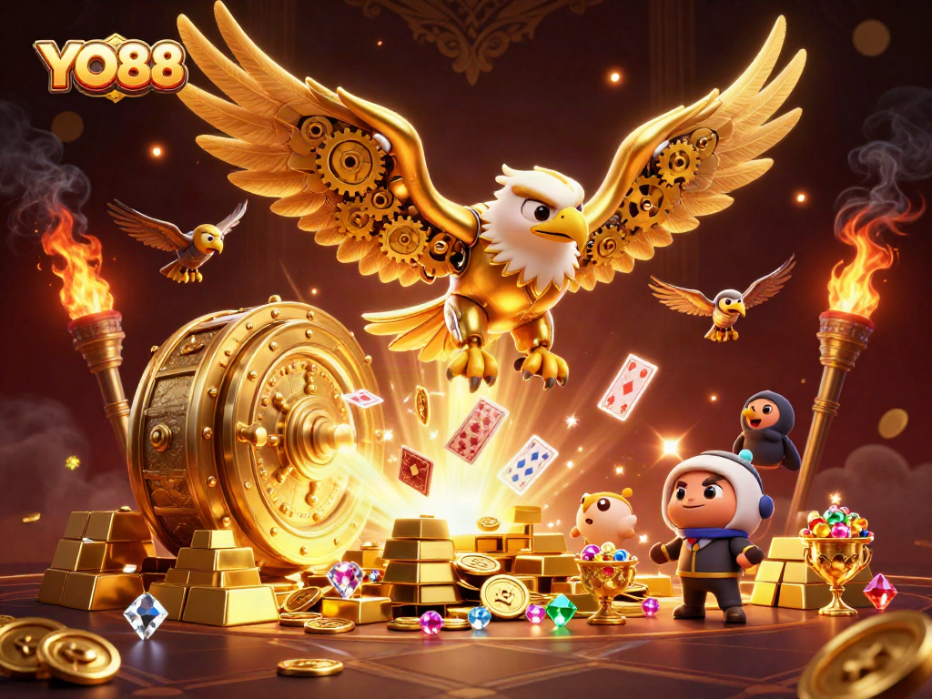 Experience thrilling gameplay at YO88 with a cybernetic eagle amidst treasure and holographic cards.