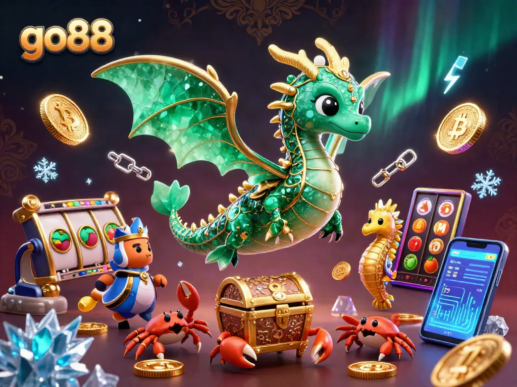 Experience the excitement of go88 with a vivid illustration of a gaming scene featuring a dragon, crypto coins, and vibrant casino elements.
