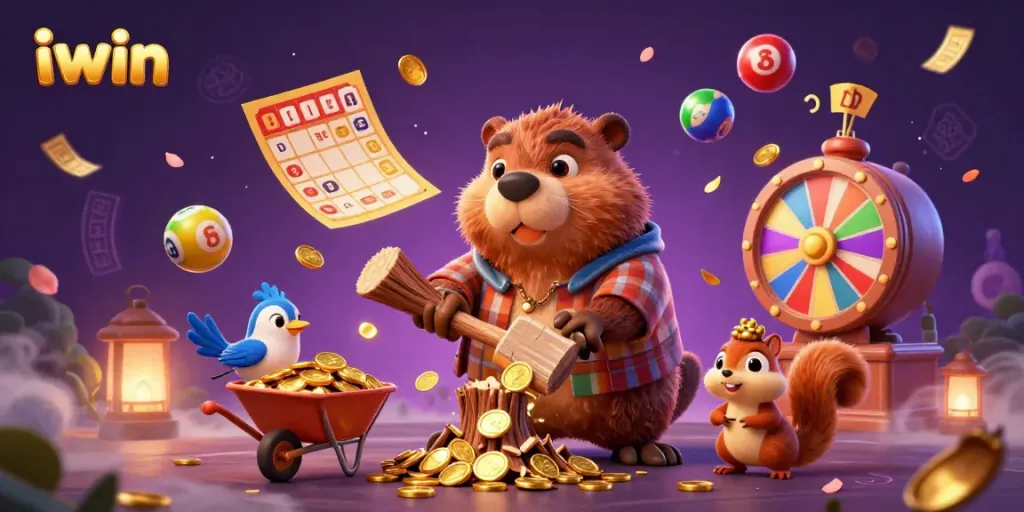 iwin's joyful gambling adventure featuring a beaver and friends collecting coins amidst colorful lottery balls.