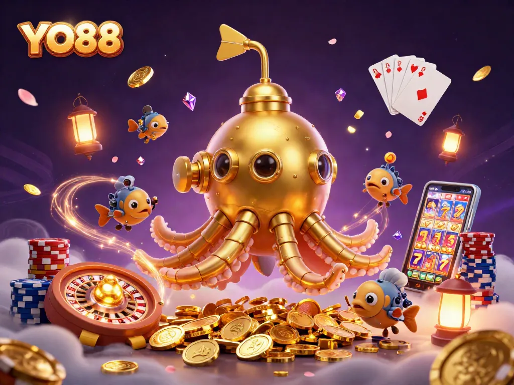 Engage with YO88's thrilling underwater adventure featuring a golden kraken submarine amidst a bounty of shimmering coins and gems.