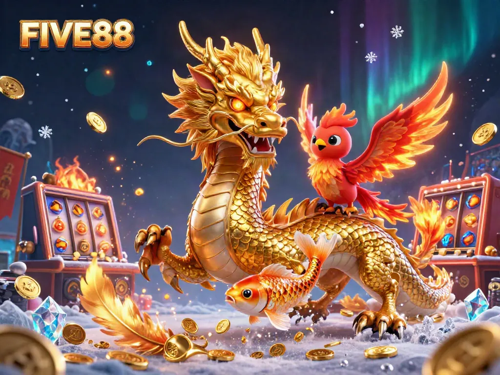 Experience the excitement of FIVE88 with a golden dragon, phoenix, and koi in a vibrant casino scene.