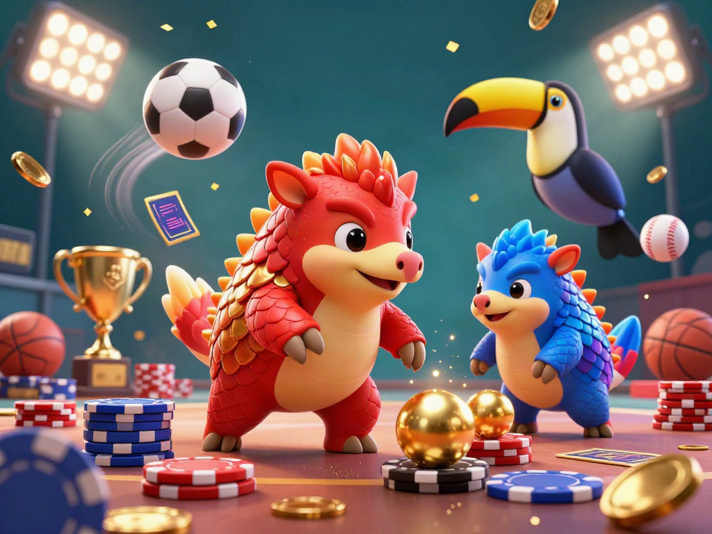 Engage in thrilling gameplay at luck8 with animated pangolins competing amidst poker chips and vibrant sports elements.