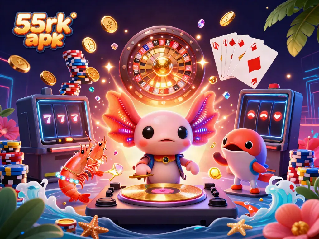 Experience thrilling gameplay with the vibrant 55rk apk, showcasing a neon axolotl DJ and dynamic gaming elements.