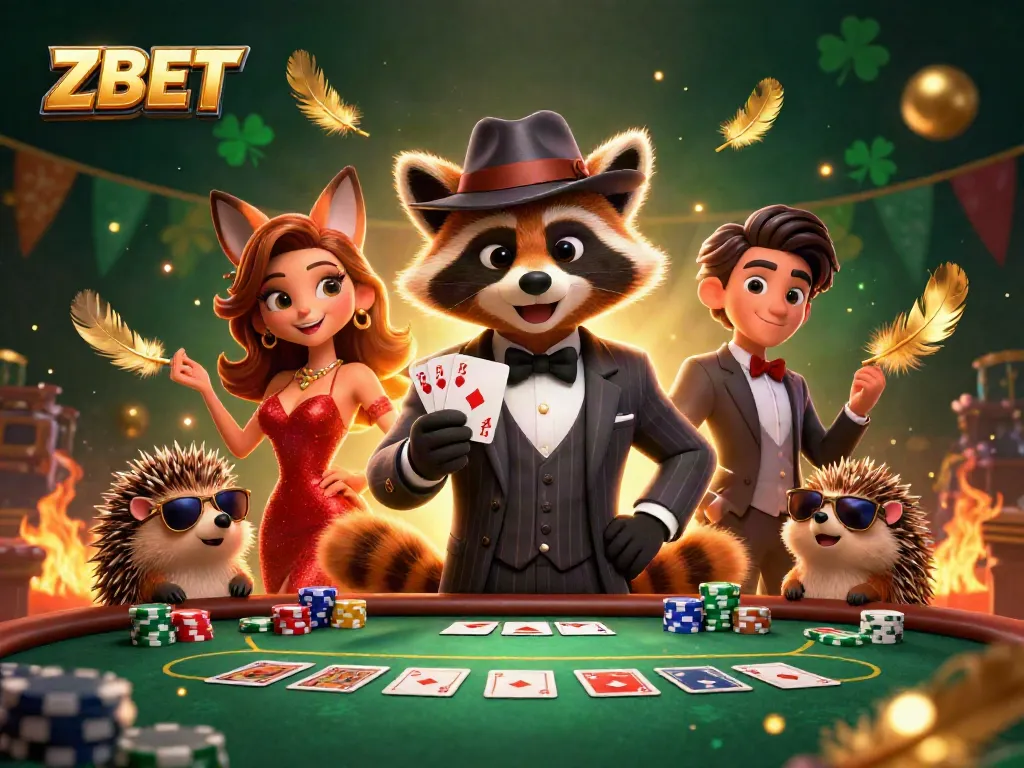 ZBET showcases a poker scene featuring a raccoon in a suit, a fox, and a hedgehog, capturing the thrill of casino gaming.
