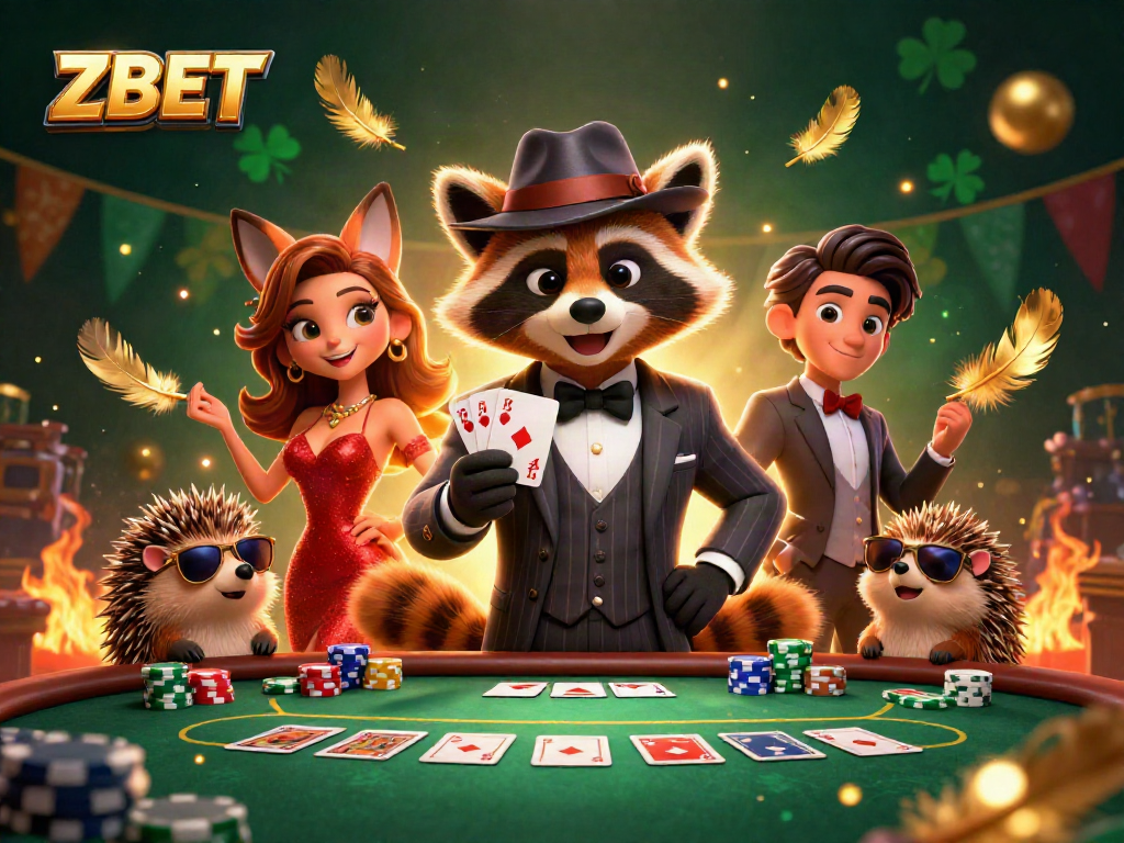 ZBET showcases a poker scene featuring a raccoon in a suit, a fox, and a hedgehog, capturing the thrill of casino gaming.