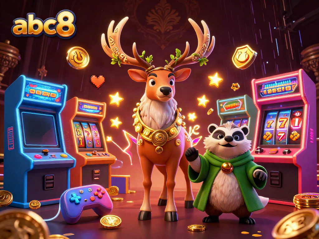 Engage the winning spirit at abc8 with a vibrant casino scene, featuring iconic slot elements and mystical characters.