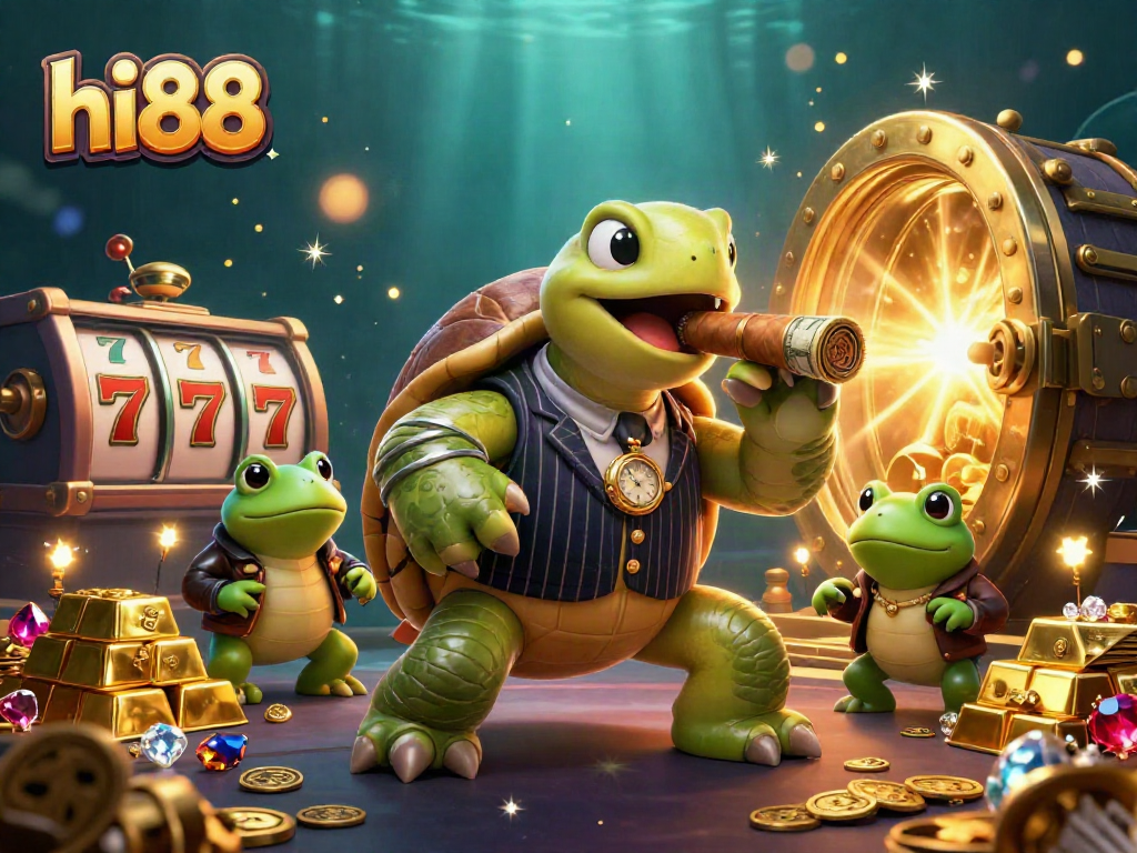 Engage with hi88's exciting slot machines amid vibrant cartoon characters and golden treasures.