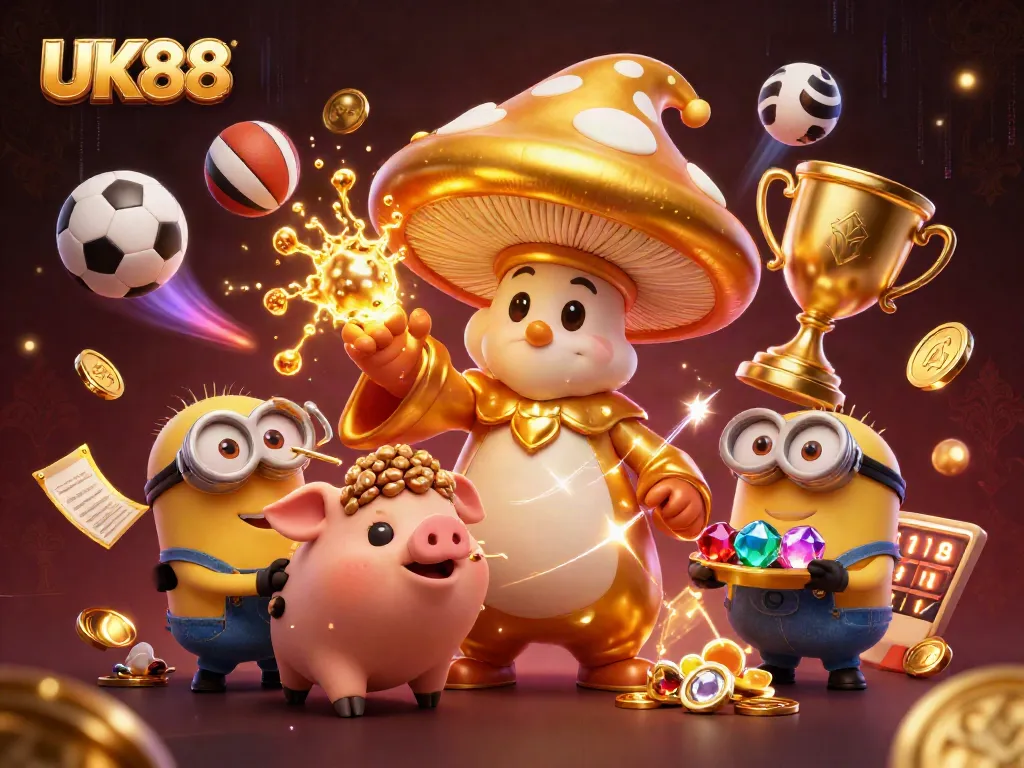 UK88 champions celebrate with sports balls, gold coins, and magical elements in a vibrant casino scene.