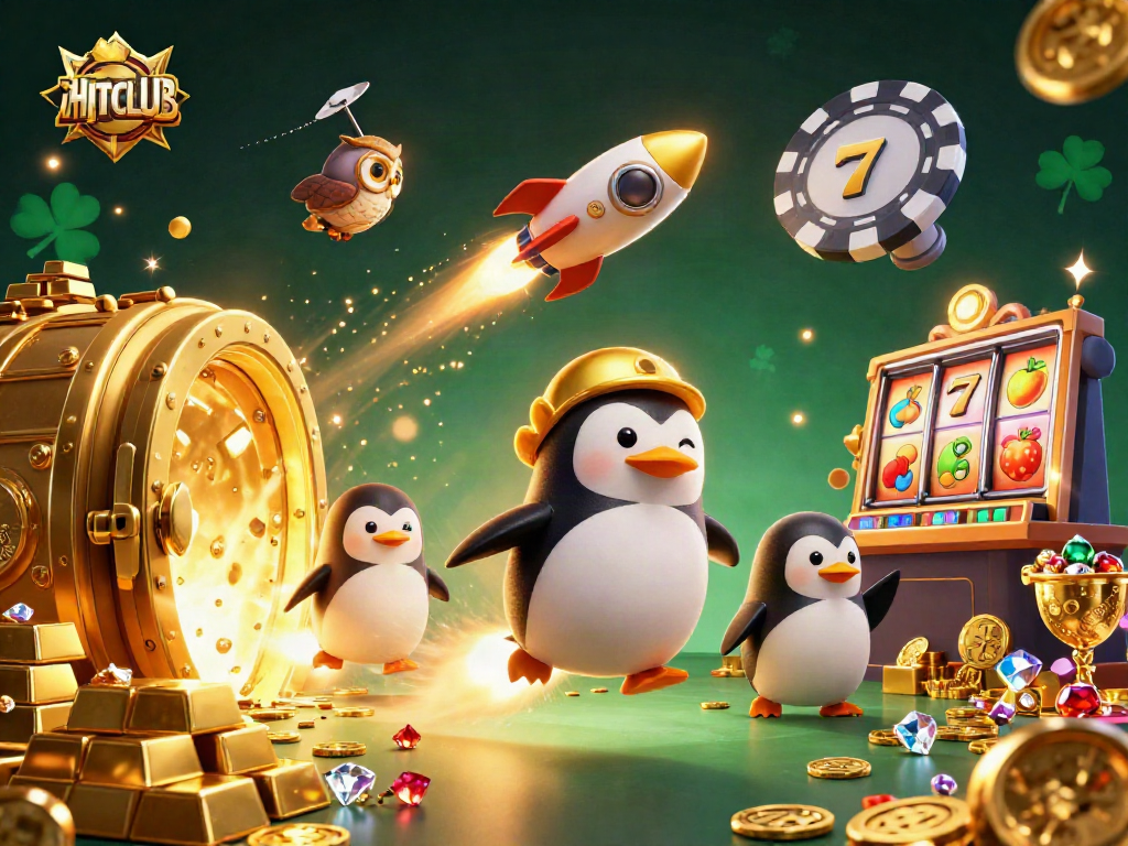 Engage in thrilling gaming at HITCLUB with an exciting scene of penguins and slot reels.