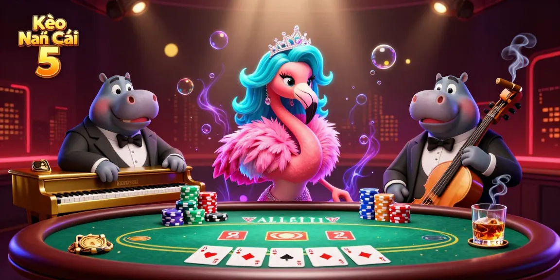 Kèo Nhà Cái 5 illuminates a lively casino scene celebrating vibrant poker features, featuring a flamboyant flamingo singer and hippo bassist.