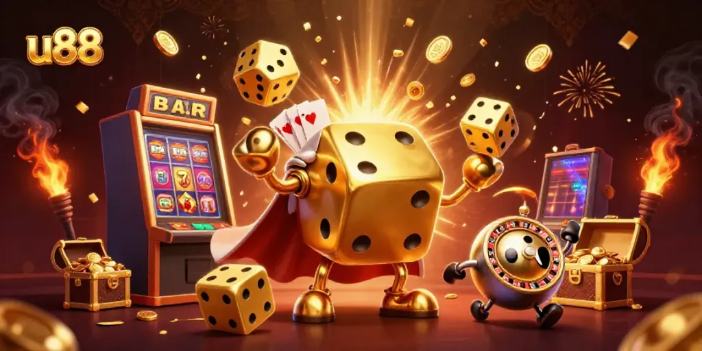 Win big at u88 with vibrant 3D casino scene showcasing a jackpot explosion and exciting games.