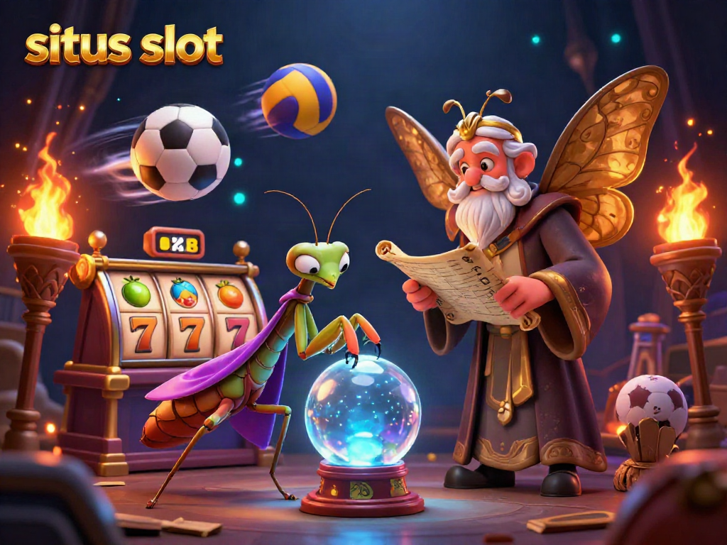Engage with the vibrant world of situs slot featuring a mystical mantis fortune teller, a wise moth librarian, and dynamic slot game elements.