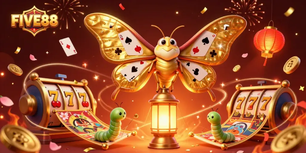 Experience the excitement of FIVE88 with an illustration of a magical casino scene filled with vibrant symbols and characters.