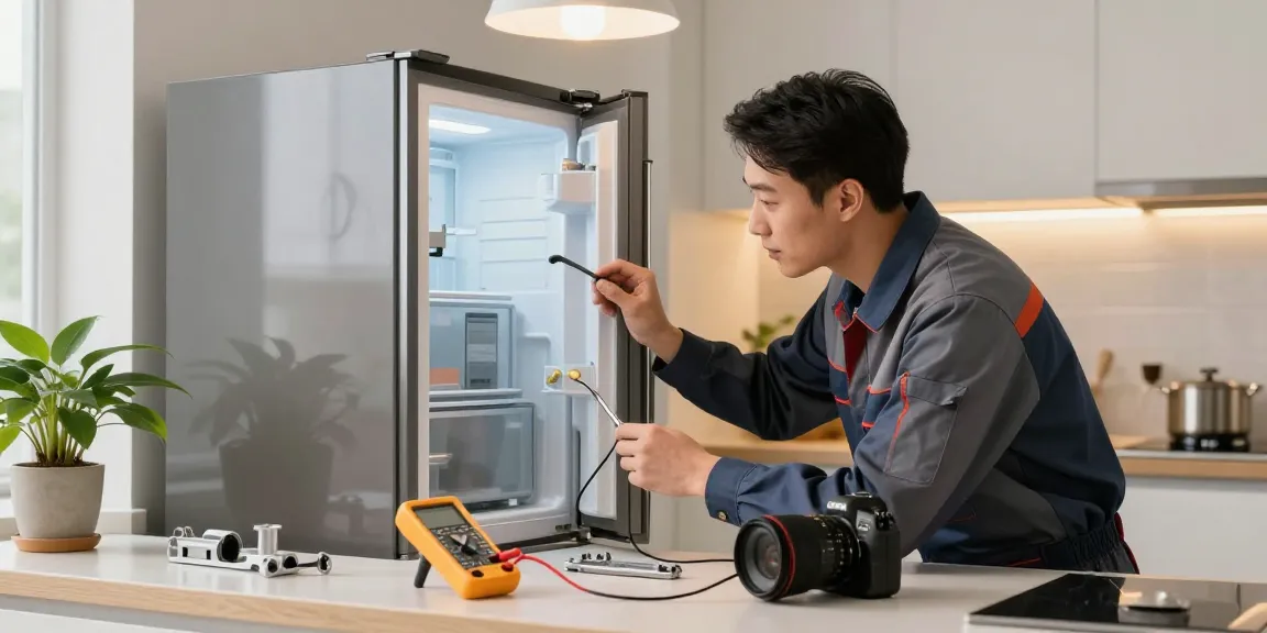Appliance repair technician diagnosing refrigerator issues with tools in a modern kitchen.
