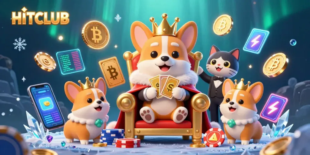 Experience the vibrant HITCLUB casino scene with a royal corgi surrounded by crypto-themed elements.